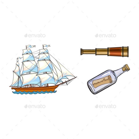 Sailing Ship, Telescope and Message in Bottle - Man-made Objects Objects