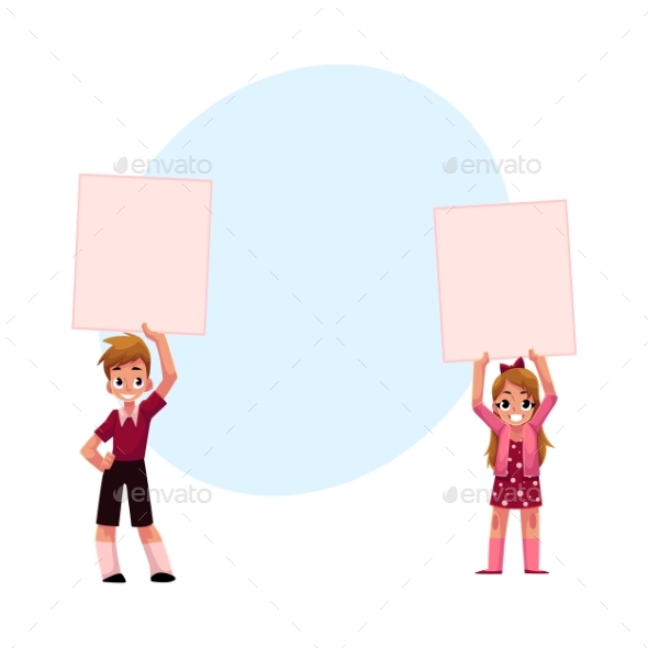 Two Kids Holding Blank Empty Posters - People Characters