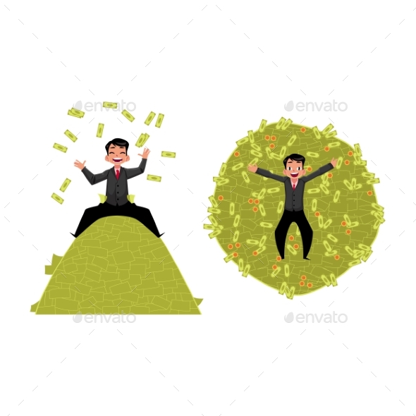 Vector Office Worker Lying on Money Pile Set - Business Conceptual