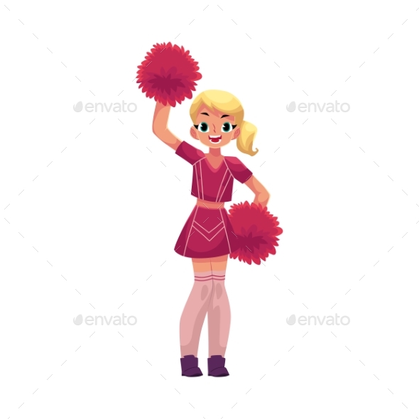 Vector Smiling Cheerleader Dancing with Pom-poms - People Characters