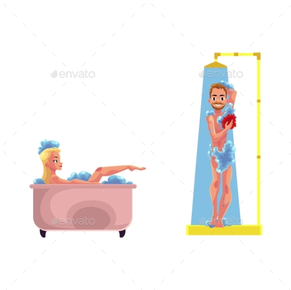 Vector Adult Woman ,Man Washing, Taking Bath - People Characters