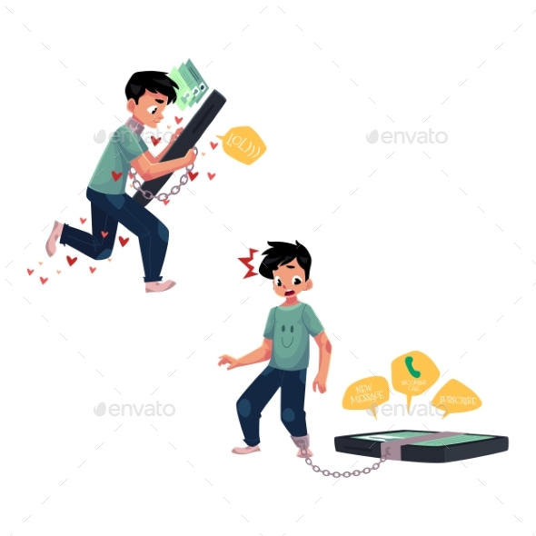 Boy Chained To Huge Smartphone, Phone Dependence - People Characters
