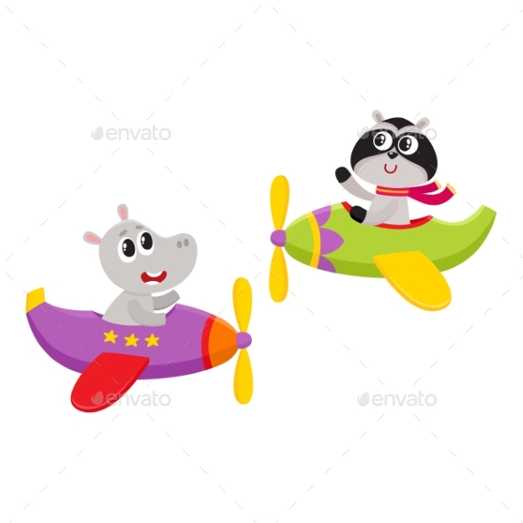 Animal Pilot Characters Flying on Airplane - Animals Characters
