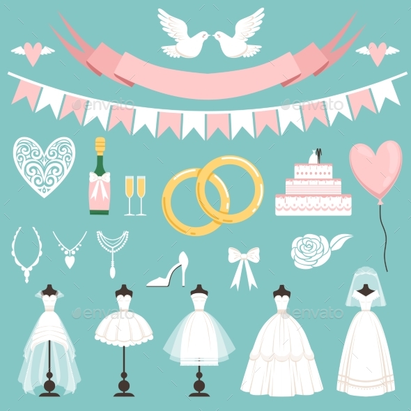 Wedding Symbols in Cartoon Style. Cake, Flowers - Objects Vectors