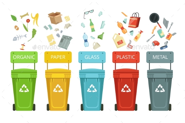 Plastic Containers for Garbage of Different Types - Objects Vectors