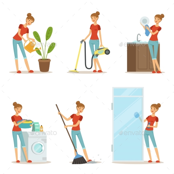 Woman Making Different Housework - People Characters