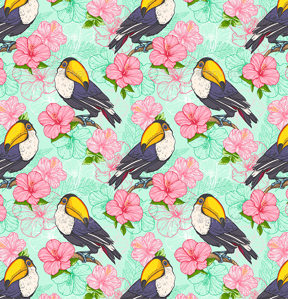 Seamless Pattern with Toucan and Flowers - Patterns Decorative