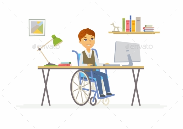 Online Education - Illustration of Disabled School - People Characters