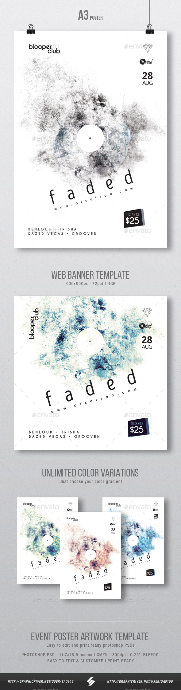 Faded - Minimal Party Flyer / Poster Artwork Template A3 - Clubs & Parties Events