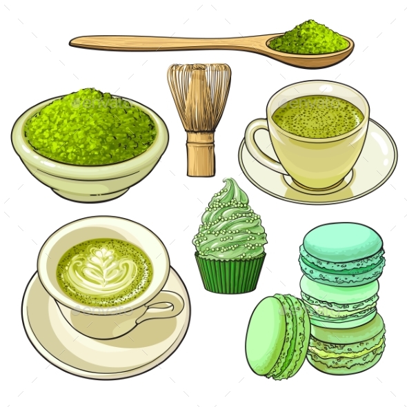 Big Set of Matcha Green Tea, Food and Accessories - Food Objects