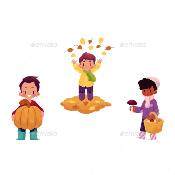 Vector Children Doing Autumn Activity Set - People Characters