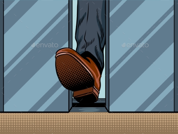 Foot Holds Closing Elevator Door Pop Art Vector