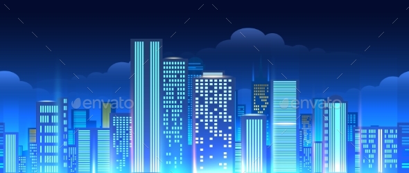 Neon Lights Cityscape Seamless Pattern - Technology Conceptual