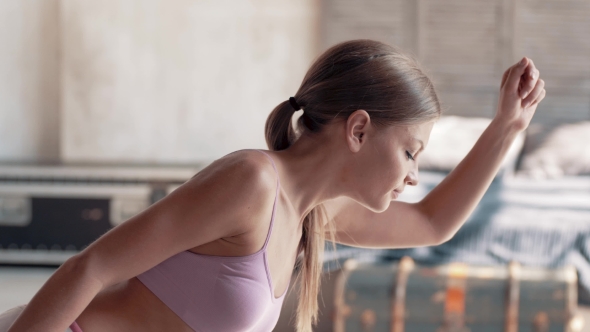 Shooting Exercises Yoga . Sporty Girl Doing Exercises on Mate. Magnificent Stretching and Stability