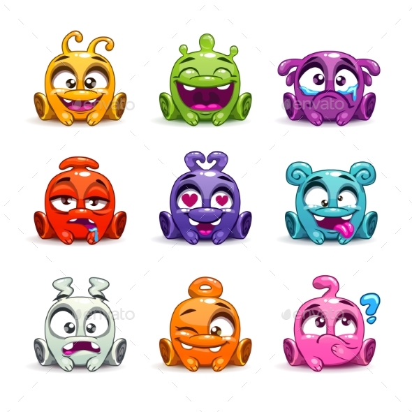 Funny Cartoon Colorful Glossy Aliens Set. - Monsters Characters