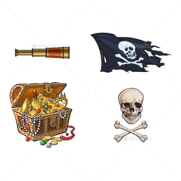 Vector Cartoon Pirates Symbols Set Isolated - Objects Vectors