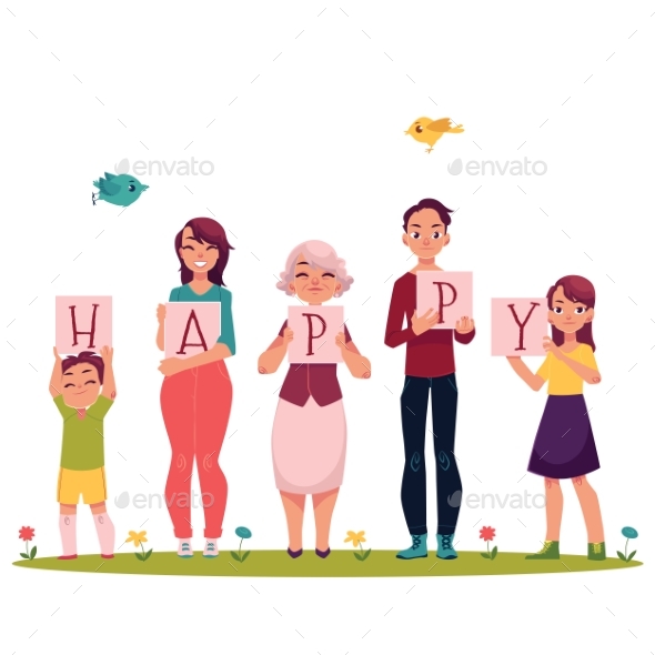 Family Members Holding Letters of the Word Happy - People Characters