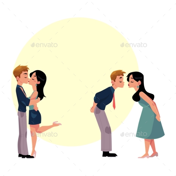 Set of Young Couple, Man and Woman, Kissing - People Characters