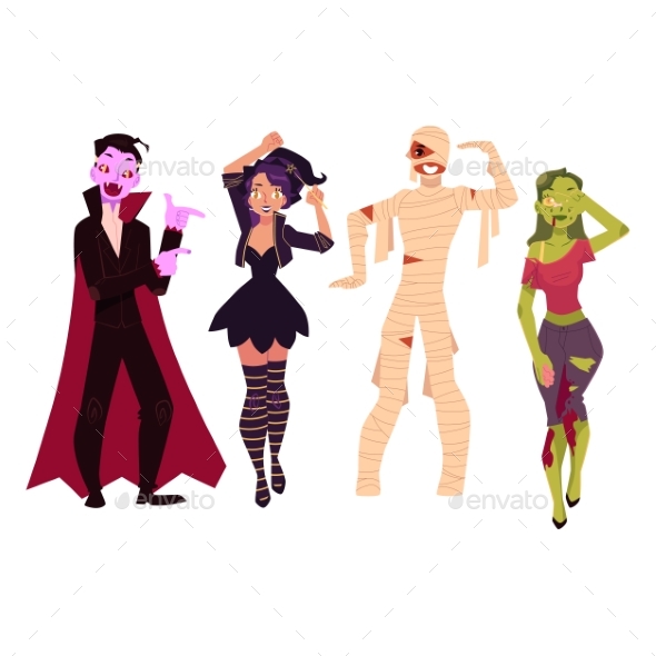 People in Halloween Party Costumes - Witch, Zombie