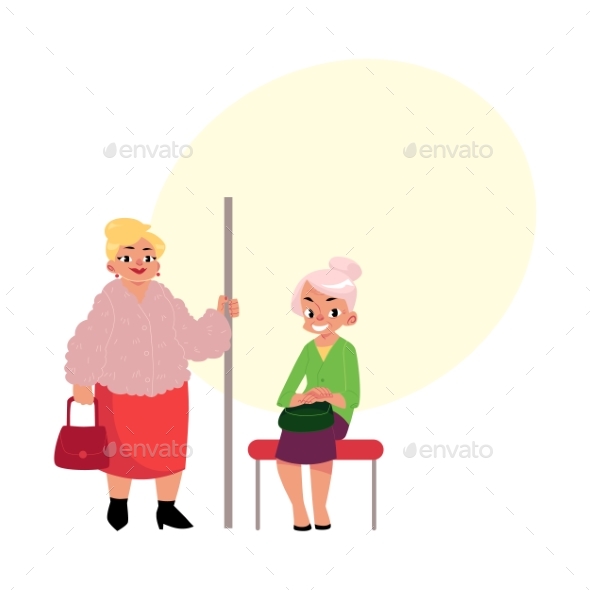 Plump Middle Age Woman Standing, Old Lady Sitting - People Characters