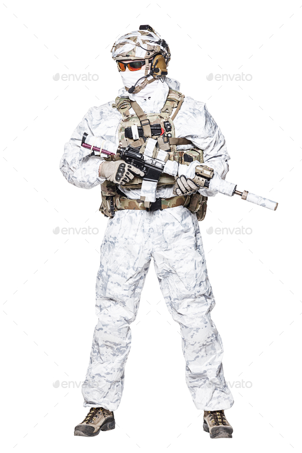 Special forces operator in winter camo clothes - Stock Photo - Images