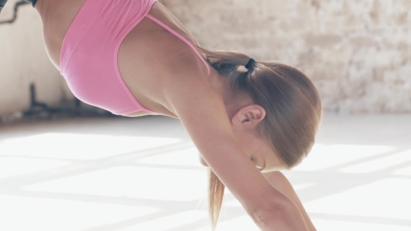 Shooting Exercises Yoga . Sporty Girl Doing Exercises on Mate. Magnificent Stretching and Stability alt