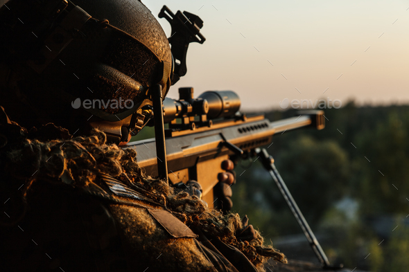 Army sniper with large caliber rifle