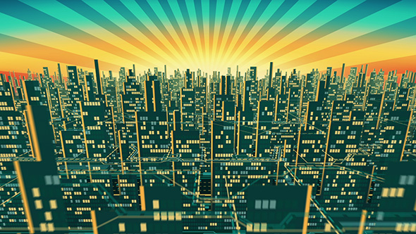 Aerial View of City Skyscrapers Silhouette in the Background of the Shining Sky alt