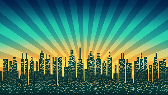 City Skyline Silhouette with Illuminated Windows in the Background of the Shining Sky alt