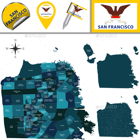 Map of San Francisco with Districts - Travel Conceptual