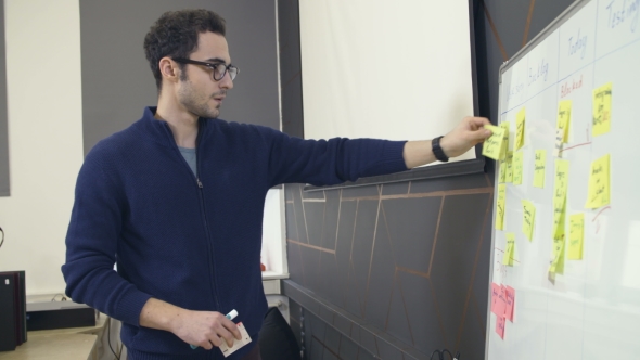 Man Using Sticky Notes and Attaching It To Board alt