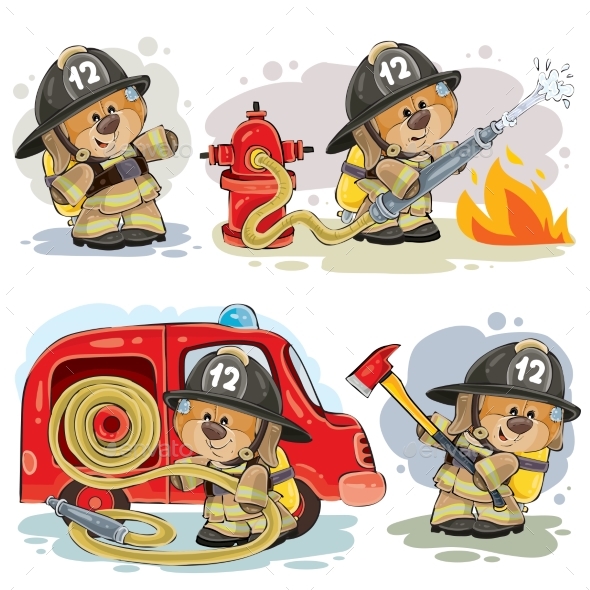 Set of Vector Clip Arts of Teddy Bear Fireman