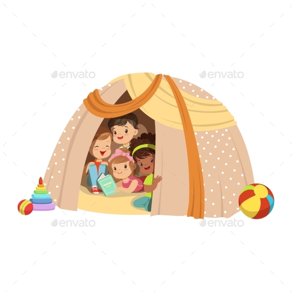 Little Boys and Girls Sitting in a Homemade Teepee - People Characters