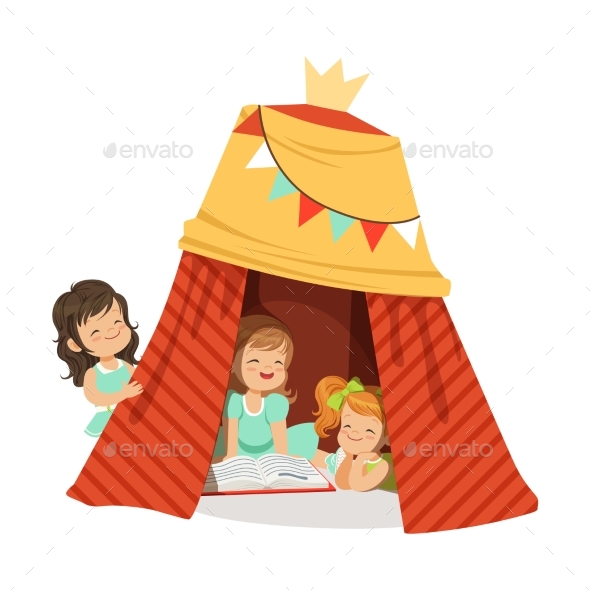 Little Girls Sitting in a Homemade Teepee - People Characters