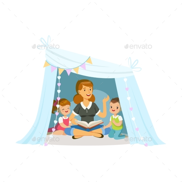 Mum Reading a Book to Her Children - People Characters