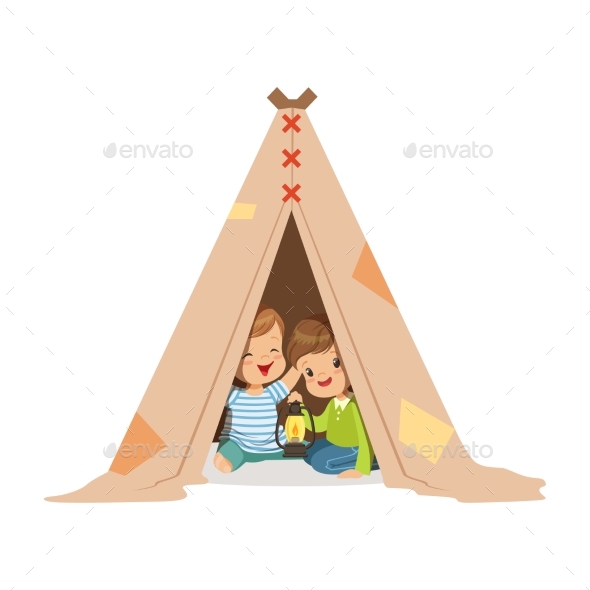 Boys Sitting in a Tepee Tent with a Lantern - People Characters