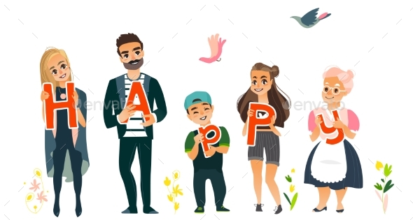 Family Members Holding Letters of Word Happy - People Characters