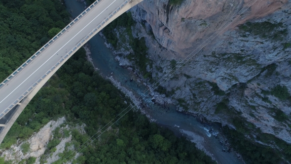 Aerial View of Durdevica Tara Arc Bridge in the Mountains, One of the Highest Automobile Bridges in alt