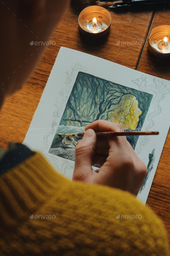 Woman Painter Artist Painting A Picture Of A Fantasy Cave With Watercolour