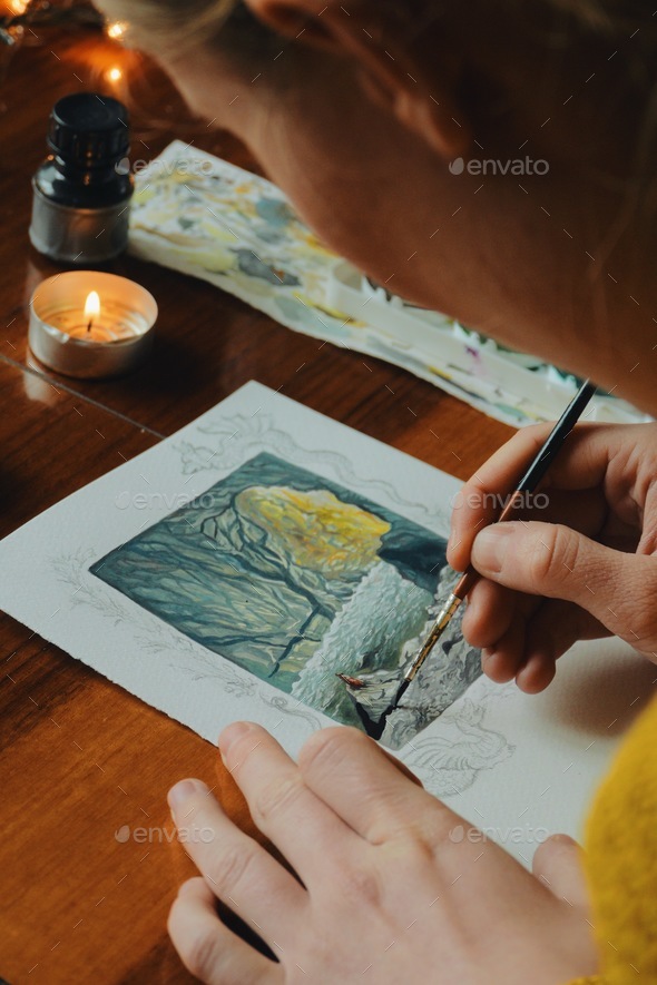Woman Painter Artist Painting A Picture Of A Fantasy Cave With Watercolour