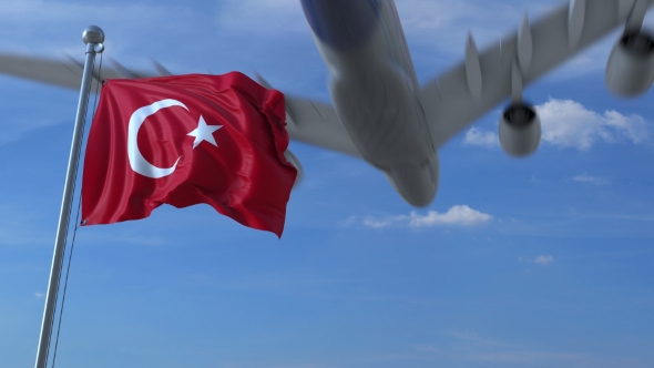 Commercial Airplane Landing Behind Waving Turkish Flag, Motion Graphics