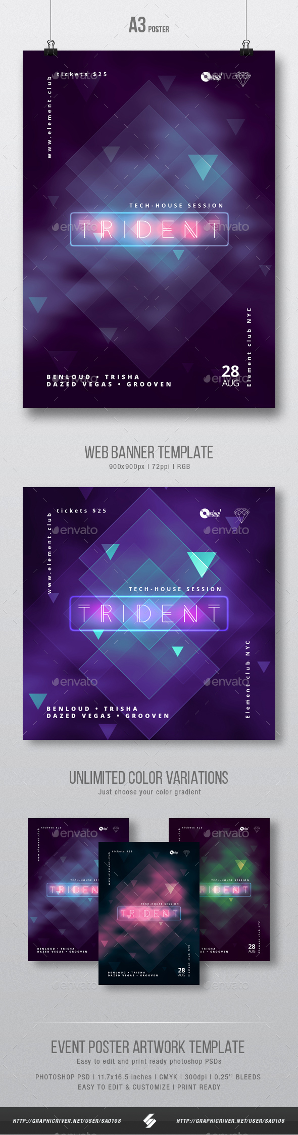 Trident - Neon Party Flyer / Poster Template A3 - Clubs & Parties Events