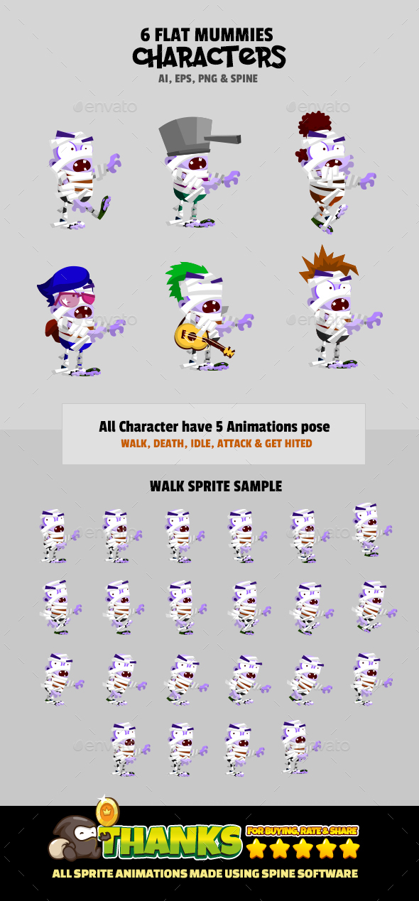 6 Flat Mummies - Sprites Game Assets