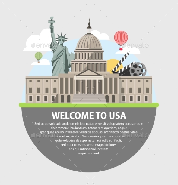 Welcome To USA Promotional Poster with Famous - Buildings Objects