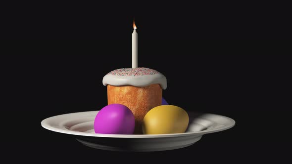 Easter bread and eggs on a plate and a candle is lit on a transparent background.