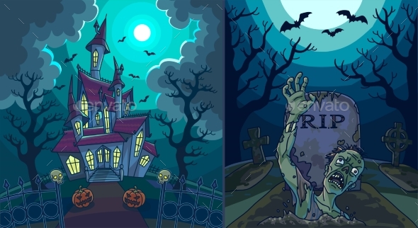 Scary Landscapes with Old House and Zombie - Halloween Seasons/Holidays