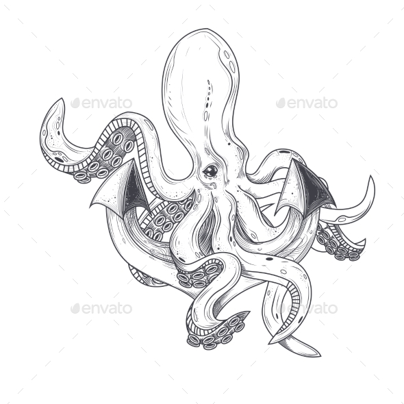 Illustration of an Octopus Hugging an Anchor - Animals Characters