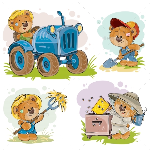 Set of Vector Illustrations of Teddy Bears Tractor - Animals Characters