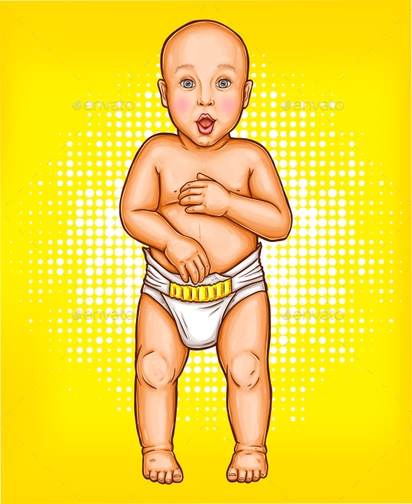 Vector Pop Art Illustration of a Baby in a Diaper