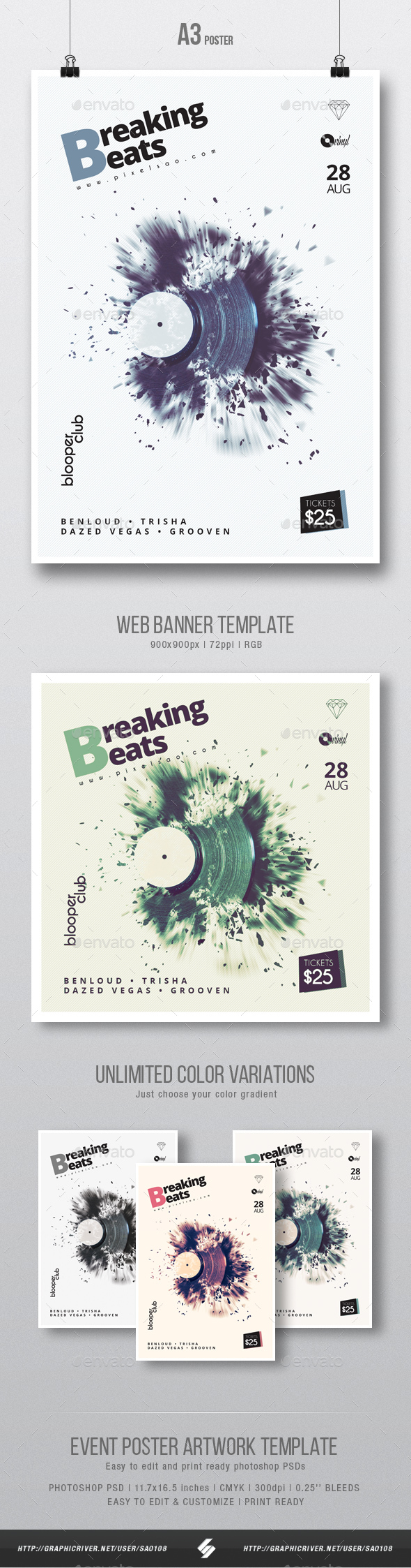 Breaking Beats - Minimal Party Flyer / Poster Template A3 - Clubs & Parties Events